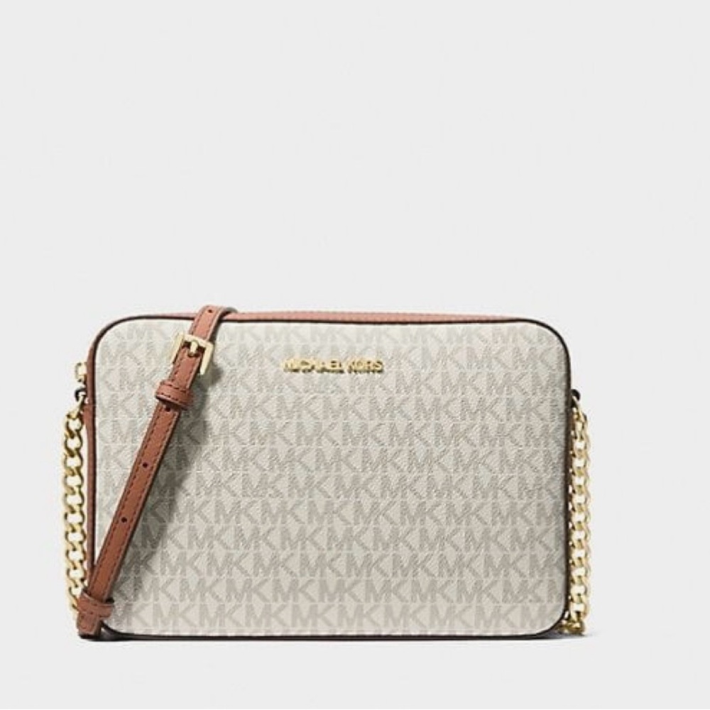 Michael Kors Cream and Tan Crossbody Bag with Signature Monogram